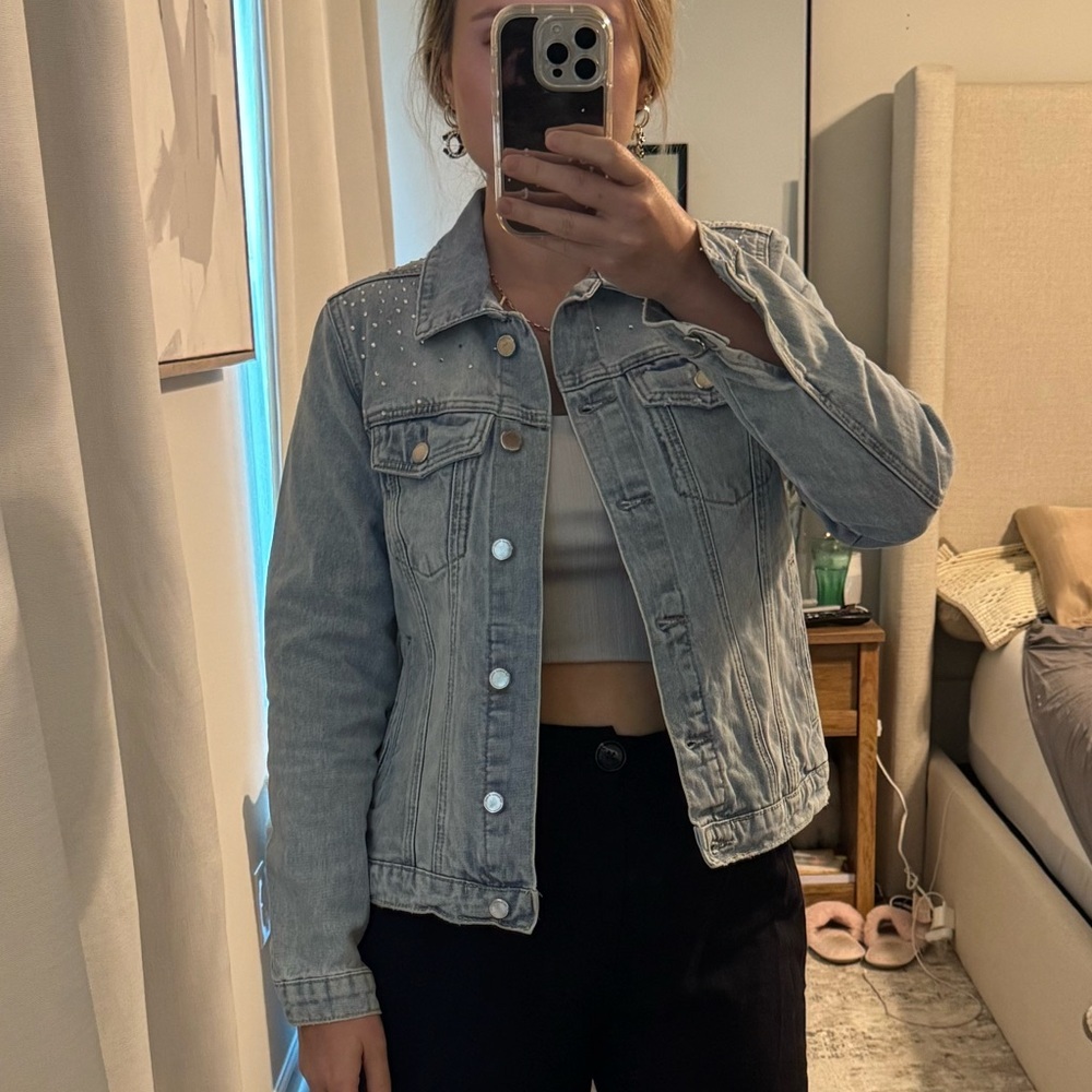 Light Blue Denim Jacket with Studded Shoulders - Picture 7 of 11